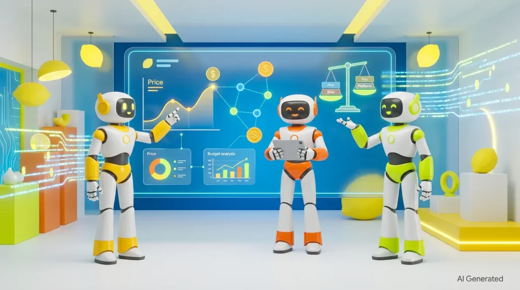 Friendly AI robots collaborate in a bright, lemon-accented tech workspace, analyzing costs and strategy for how much should my business pay for an AI platform.