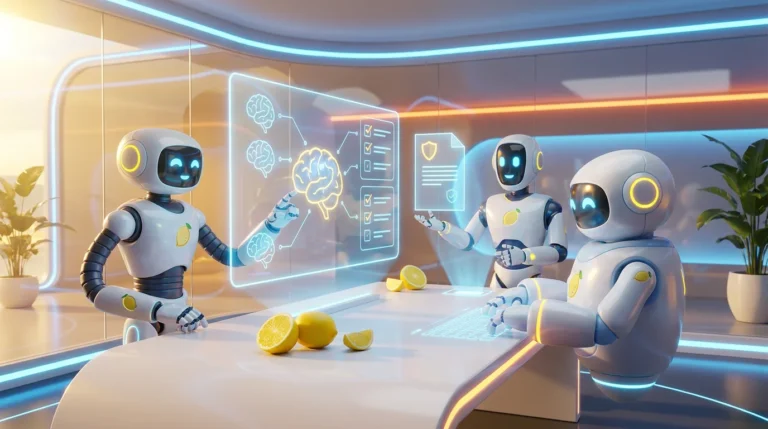 Three friendly AI robots collaborate in a bright, modern audiovisual workspace, reviewing visual compliance indicators around a glowing citrus-yellow dashboard, representing a behavioral health AI compliance copilot.