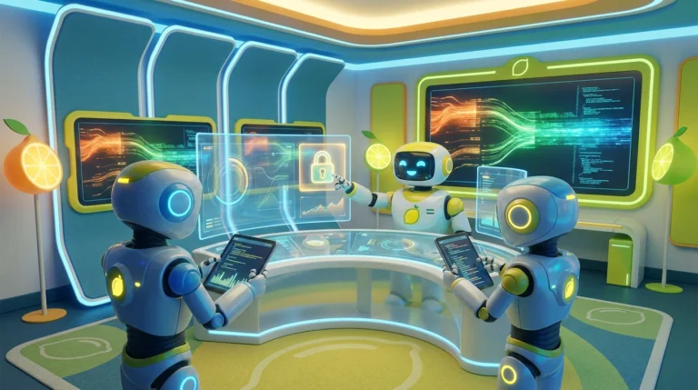 What are the best government-compliant tools for secure AI development? Three friendly AI robots evaluate secure technology tools using shield, lock, and verification visuals in a bright lemon-accented innovation lab.