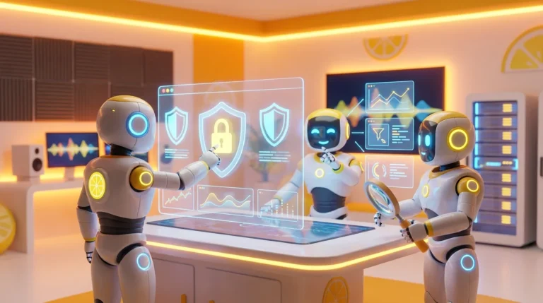 Three friendly AI robots collaboratively evaluating glowing security shields and data pathways in a modern audiovisual workspace with bright lemon-yellow accents, illustrating an agentic AI security platform.