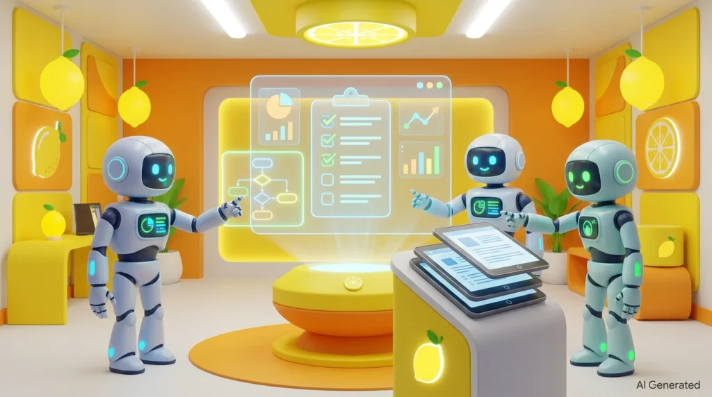 How to control AI: three friendly robots collaborate on an AI governance checklist in a bright, lemon-accented audiovisual workspace.