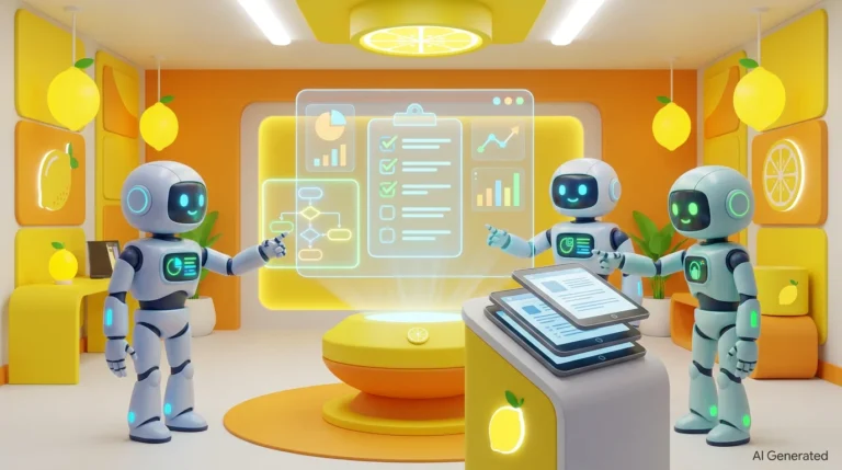 How to control AI: three friendly robots collaborate on an AI governance checklist in a bright, lemon-accented audiovisual workspace.