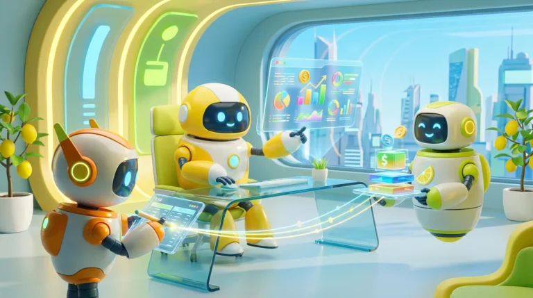 AI for bookkeeping concept featuring three friendly robots collaborating around financial dashboards in a bright, modern tech workspace with lemon-yellow accents.