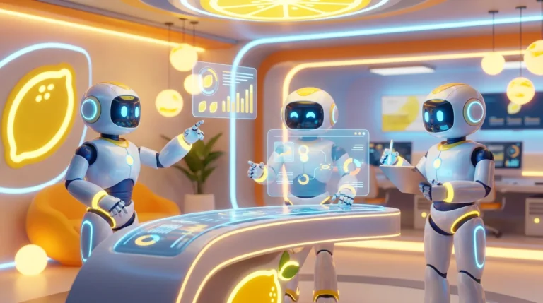 Friendly AI robots collaborating on client analytics and planning in a vibrant, lemon-accented tech workspace, illustrating how to use ChatGPT for account manager tasks.