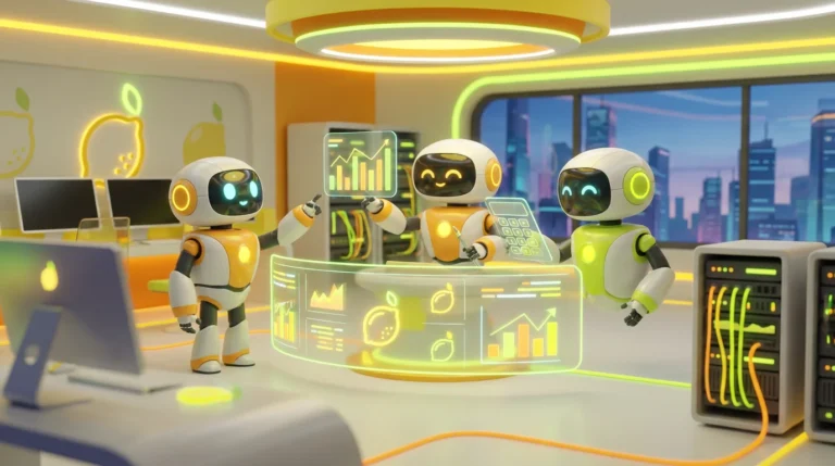 Three friendly AI robots collaborate on financial analysis in a modern audiovisual workspace, illustrating GPT-5 as a potential accounting standard for firms.