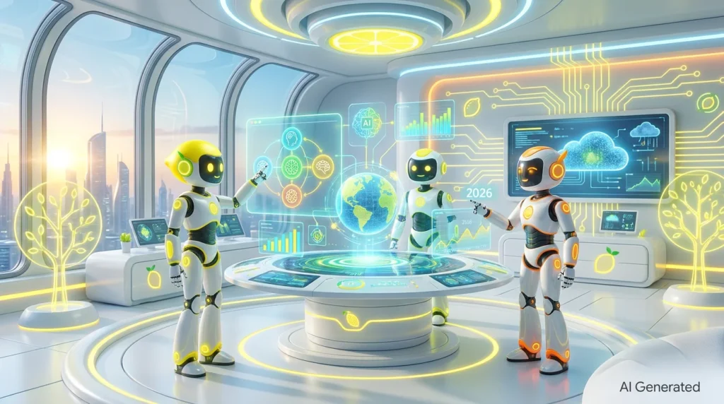 3D illustration of three friendly robots collaborating in a bright, lemon-accented audiovisual workspace, representing a multi-model AI agent coordinating analysis and creative tasks.
