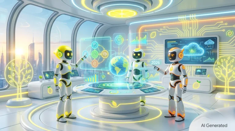 3D illustration of three friendly robots collaborating in a bright, lemon-accented audiovisual workspace, representing a multi-model AI agent coordinating analysis and creative tasks.