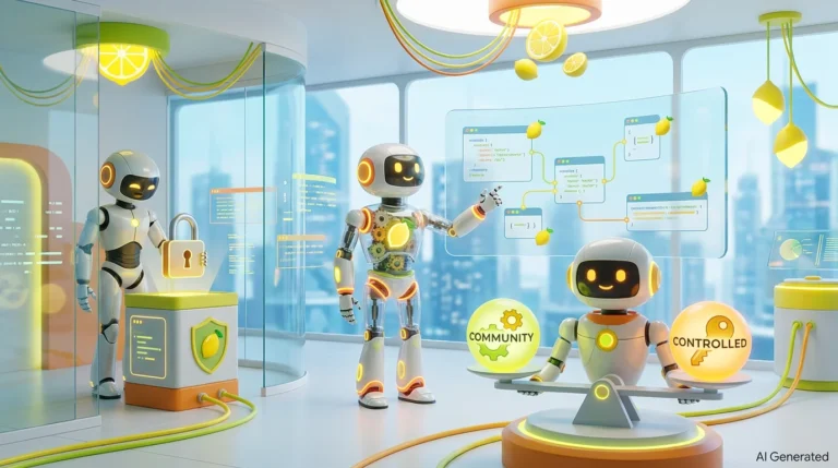 Open-source or proprietary AI for my business: three friendly AI robots collaborate in a bright, modern audiovisual workspace, comparing glowing data elements beside citrus-yellow lemon accents.