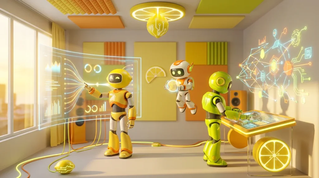 3D illustration of friendly AI robots collaborating in a modern tech environment with citrus-inspired accents, representing the debate on should the government regulate AI.