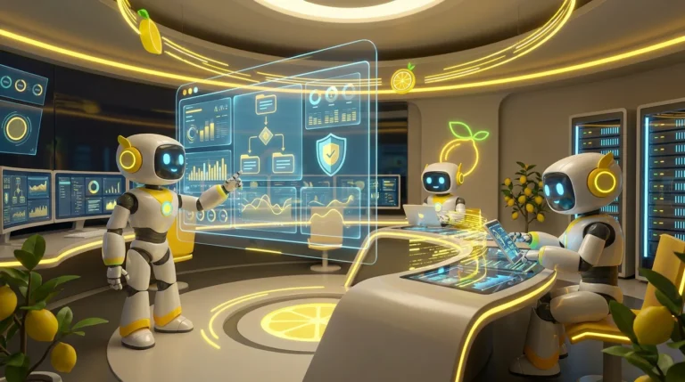 Three friendly AI robots reviewing secure audit trails and analytics dashboards in a modern citrus-accented tech room, illustrating AI agent security tools audit trails 2026.