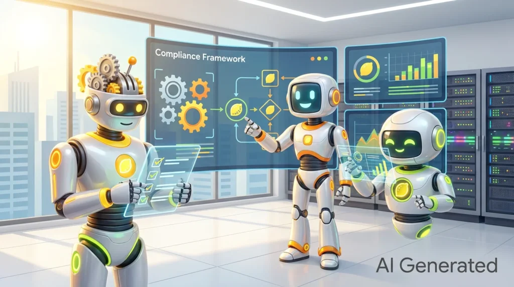 AI compliance framework for regulated businesses, shown as three friendly AI robots collaborating in a bright, modern audiovisual workspace with lemon-yellow accents and 3D compliance-inspired visuals.