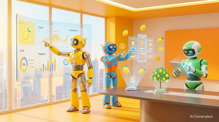 Friendly AI robots in a bright, lemon-accented tech room analysing platform costs and data screens, illustrating how to train AI assistant with custom content for a business.