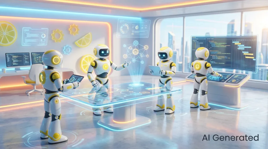 3D illustration of friendly AI robots collaborating in a bright, lemon-accented tech workspace, highlighting common pitfalls in no-code AI projects.