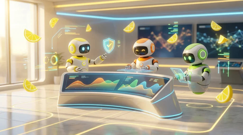 Three AI robots collaborate in a futuristic cybersecurity room with glowing shields, padlocks, and audit-trail data paths, illustrating top AI agent security tools with audit trails 2026.