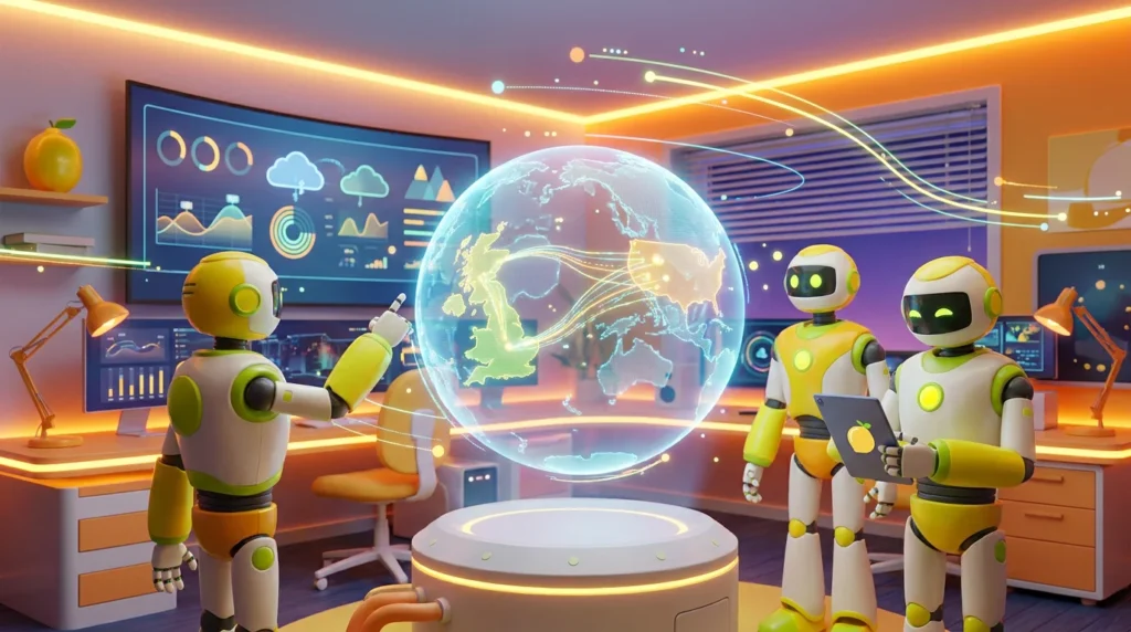 Three friendly AI robots collaborate in a futuristic audiovisual workspace, visualising secure UK AI data transfers with glowing connection paths, citrus-yellow accents, and a polished 3D tech setting.