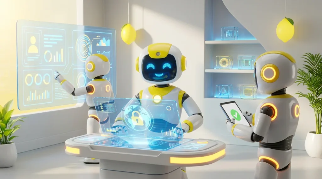 AI for KYC and AML illustrated by three friendly robots securely reviewing identity verification and transaction-risk data in a vibrant, lemon-accented modern tech workspace.