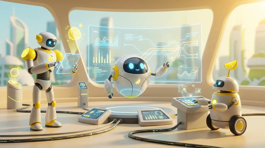 What is AI governance illustrated by three friendly AI robots collaboratively reviewing safeguards, risks, and controls in a modern tech-forward room with vibrant lemon-yellow accents.