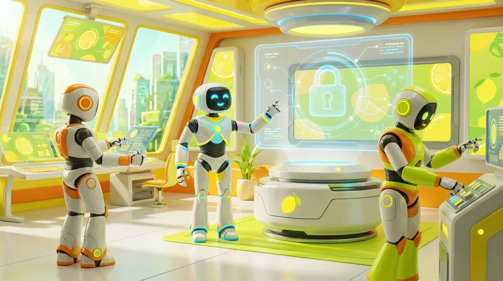 What is the best AI agent for secure teams: three friendly AI robots collaborating in a modern audiovisual workspace with glowing security dashboards, citrus-yellow accents, and lemon-inspired 3D elements.