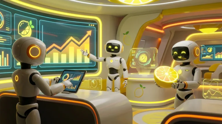 3D illustration of three friendly AI robots collaborating in a modern analytics studio to measure AI agent ROI, using glowing data visualisations, performance dashboards, and citrus-yellow accents with subtle lemon-inspired details.