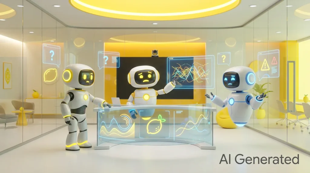 3D illustration of friendly AI robots collaborating in a bright, lemon-accented tech room, highlighting what risk do organizations face without clear AI governance through shared analysis and oversight.