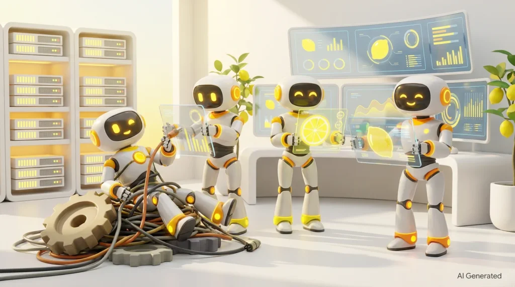Friendly AI robots collaborate in a bright, lemon-accented audiovisual workspace, showing when to upgrade your AI tool for faster, more capable work.