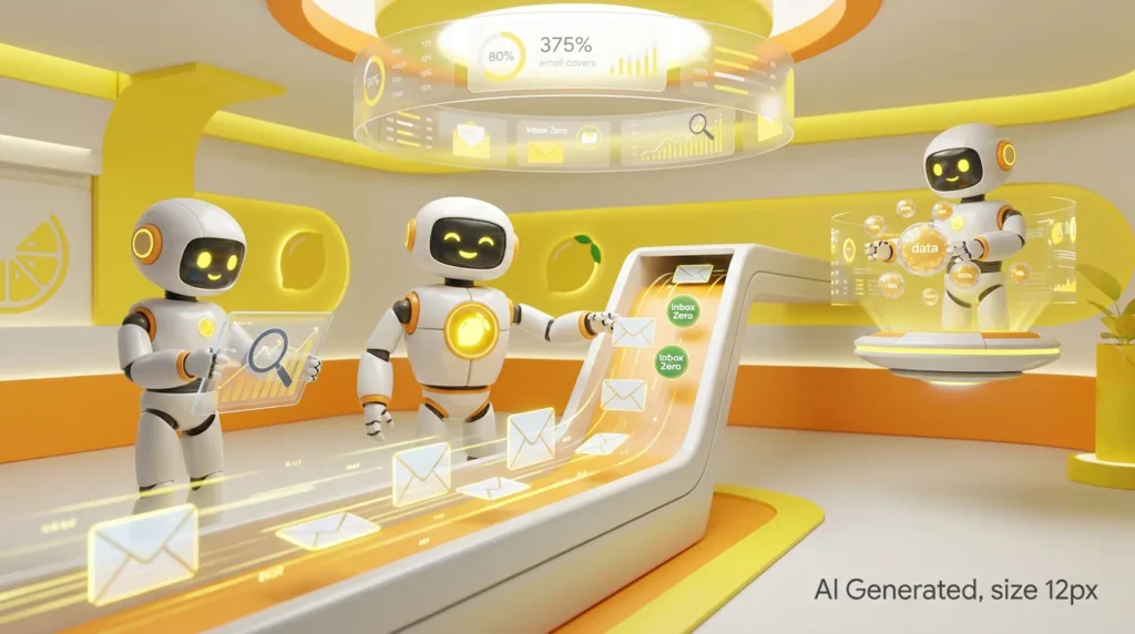 AI email automation for inbox zero, featuring three friendly 3D robots collaboratively sorting glowing email envelopes in a bright lemon-accented modern tech room.
