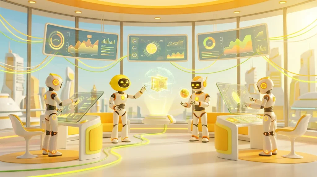 LaunchLemonade model governance visualised by three friendly AI robots collaborating around glowing analytics displays in a modern audiovisual workspace, with vibrant lemon-yellow accents and 3D citrus-inspired details.
