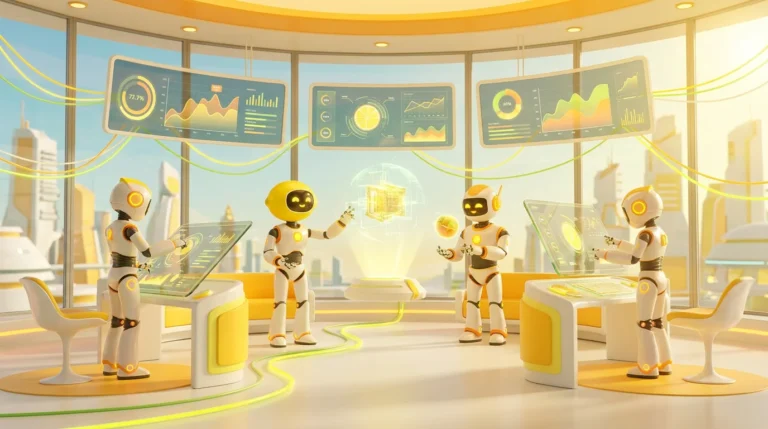 LaunchLemonade model governance visualised by three friendly AI robots collaborating around glowing analytics displays in a modern audiovisual workspace, with vibrant lemon-yellow accents and 3D citrus-inspired details.