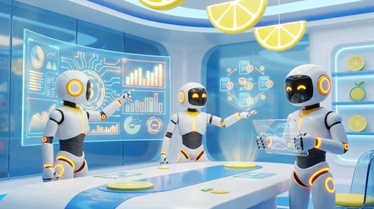 Three friendly AI robots collaborate in a vibrant modern finance workspace, analysing accounting dashboards and closing tasks, illustrating agentic AI for finance and accounting.