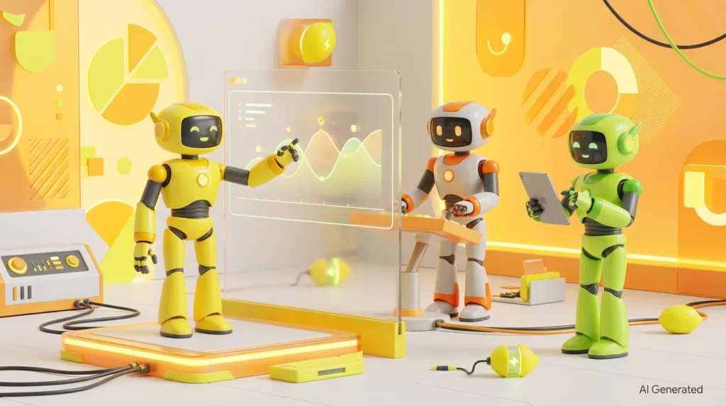 3D illustration of three friendly AI robots collaborating in a bright, lemon-accented tech room while reviewing government shutdown information, showing why AI governance is important for accurate, responsible public-sector decision-making.