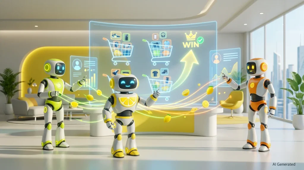 Three friendly AI robots collaborate in a bright, lemon-accented tech room, using voice assistant features for productivity to analyse personalized shopping recommendations.