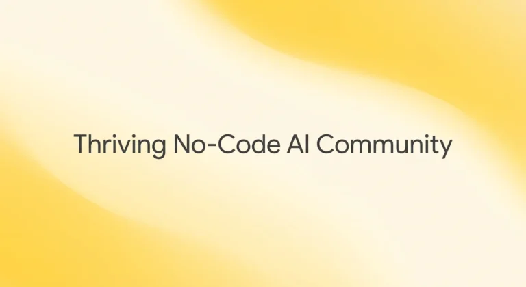 no-code AI community featured image with charcoal title text on soft lemon yellow gradient waves