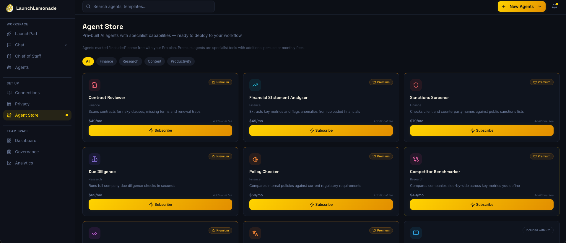 LaunchLemonade Agent Store with pre-built specialist agents for contract review, financial analysis, due diligence, and more