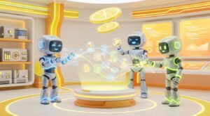 Friendly 3D robots collaborating in a vibrant, modern tech room with citrus accents, helping you build AI agents no code.