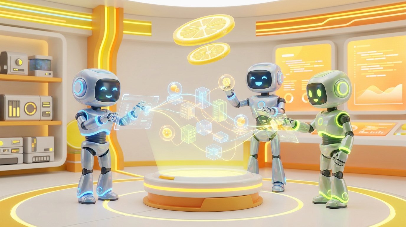 Friendly 3D robots collaborating in a vibrant, modern tech room with citrus accents, helping you build AI agents no code.