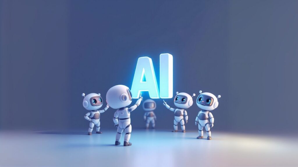 Cute futuristic robots representing AI assistants gather around and point towards a glowing AI sign, symbolising teamwork and the power of artificial intelligence