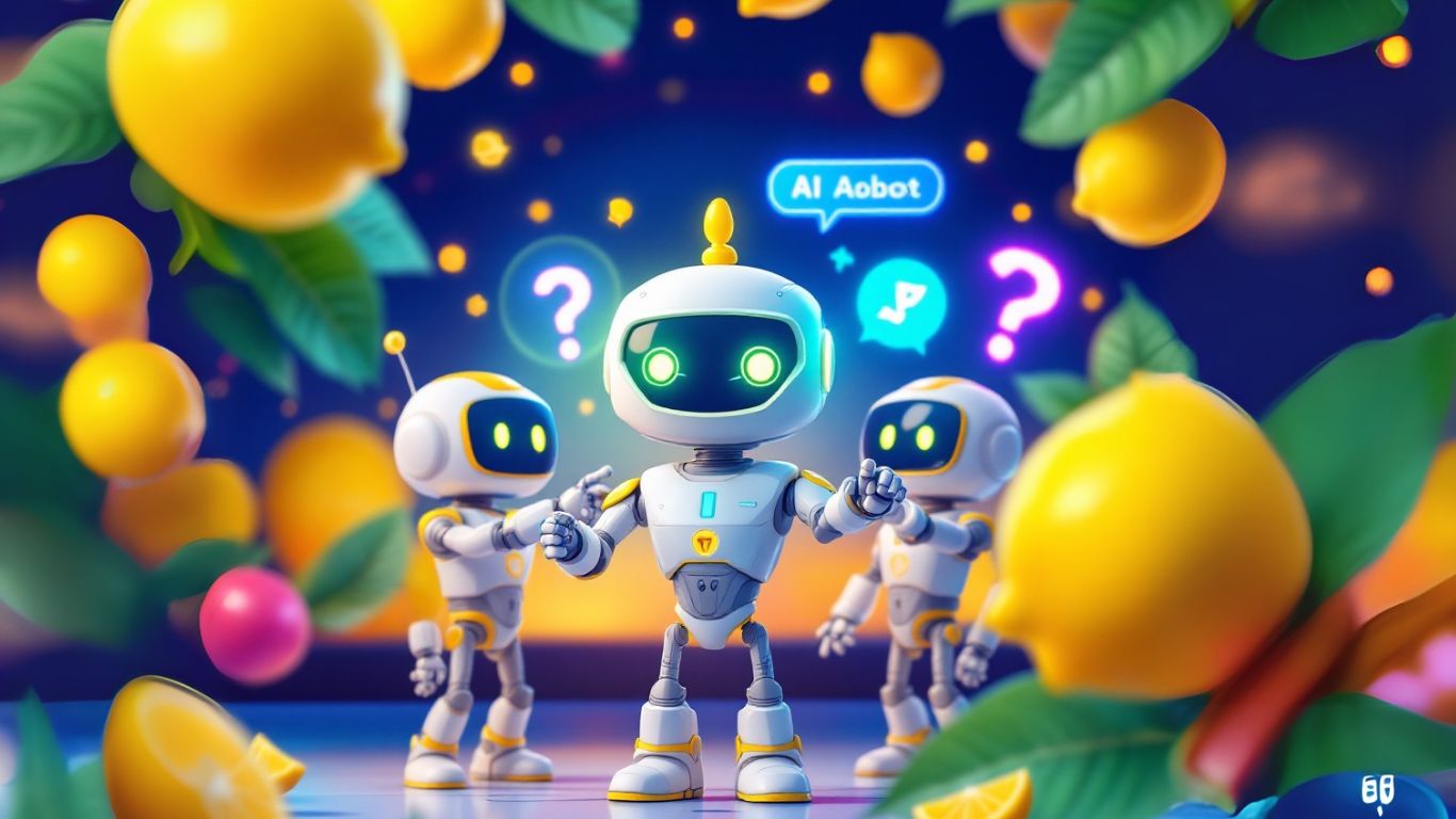 Three cute humanoid robots surrounded by lemons and question marks, symbolising the brainstorming of AI assistant ideas in a futuristic setting