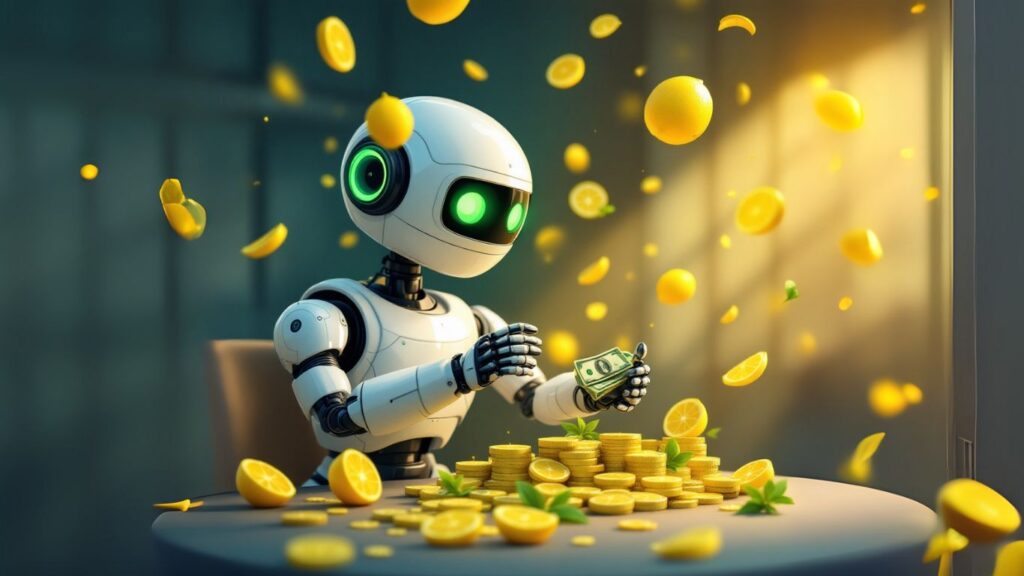 Futuristic robot sitting at a table surrounded by gold coins and dollar bills, symbolising strategies to monetize an AI assistant in a digital economy