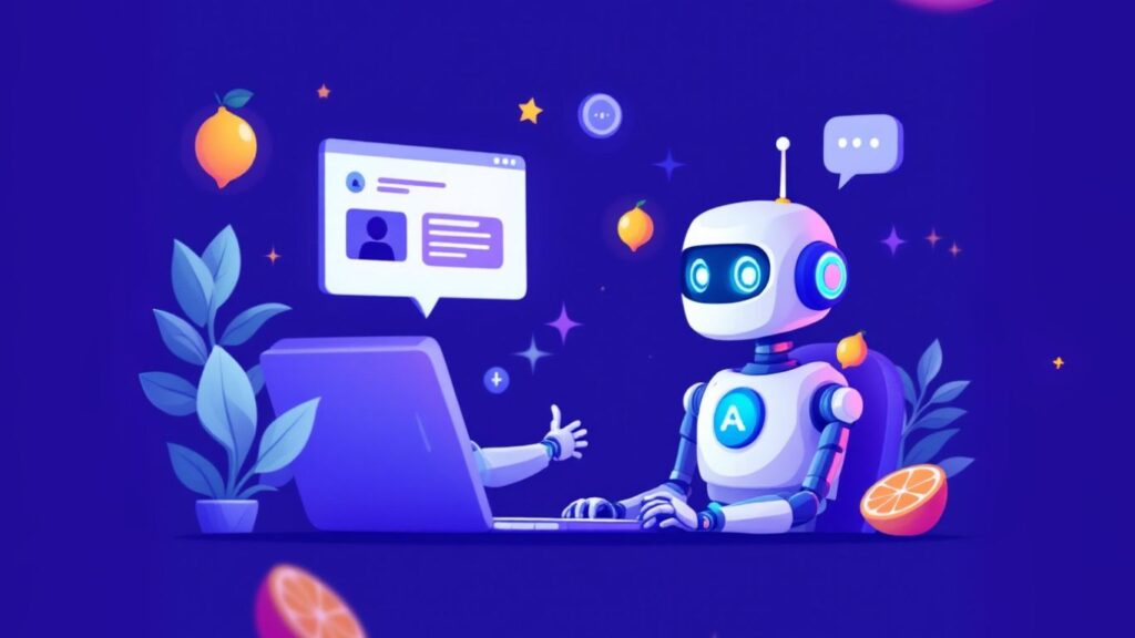 Illustration of a friendly robot using a laptop to automate client onboarding, with chat icons, plants, and citrus elements in a vibrant digital setting