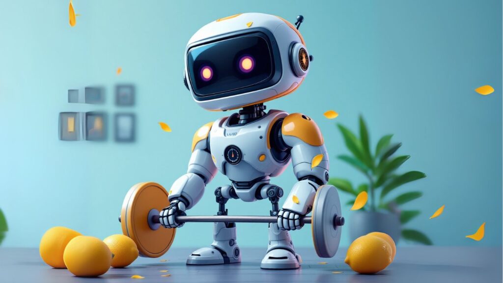 Cute robot lifting a barbell surrounded by lemons in a bright room, symbolising the concept of AI for personal trainers and its role in fitness coaching