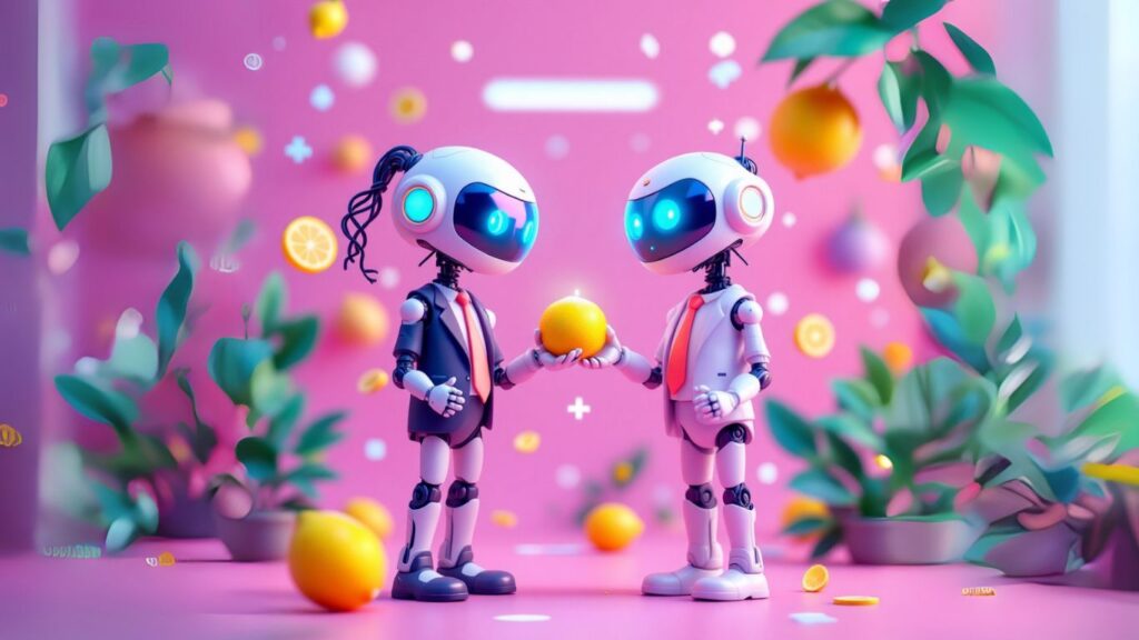 Two humanoid AI assistants exchanging an orange in a colourful, plant-filled, futuristic setting