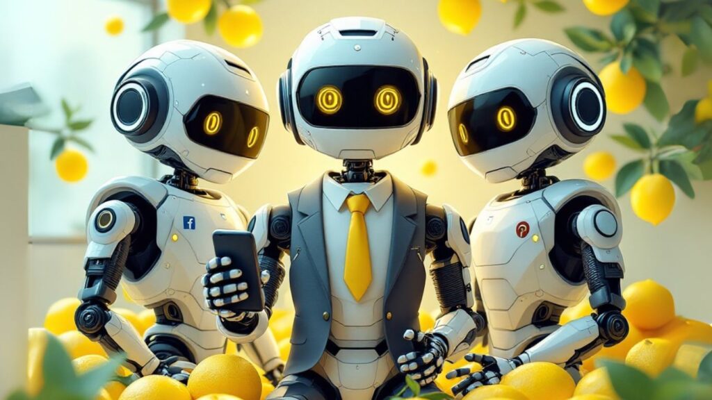 Three humanoid robots surrounded by lemons, with one robot in a business suit holding a smartphone, symbolising the concept of AI for growing business through technology and automation