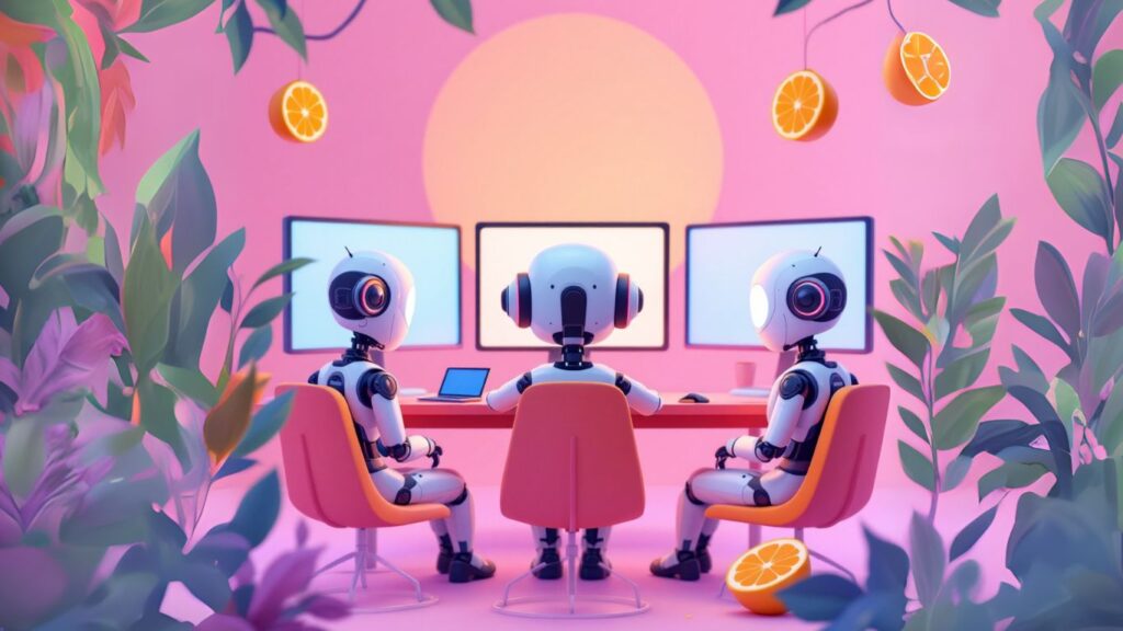 Three friendly robots at a vibrant workstation with screens and plants, symbolising a fun, tech-learning space for a complete beginner in AI or coding