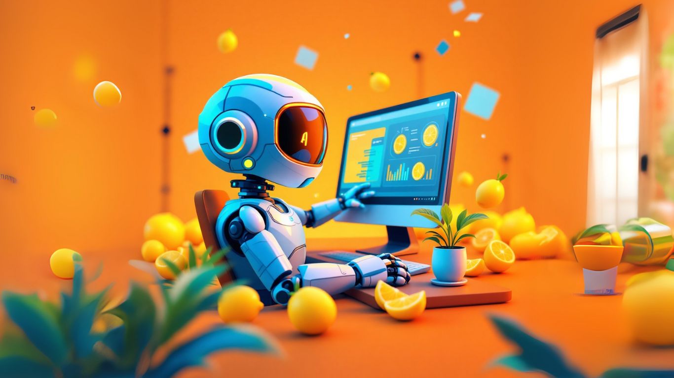 Robot analysing data on screen, representing AI for sales proposals