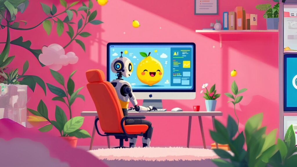 Robot sitting at a desk in a colourful room, using a computer with a smiling lemon AI, depicting how to train your AI assistant in a fun, creative setup