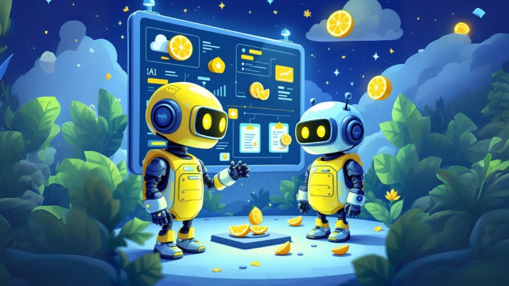 Two robots in a futuristic jungle interact with a screen displaying a colourful visual workflow with charts and icons