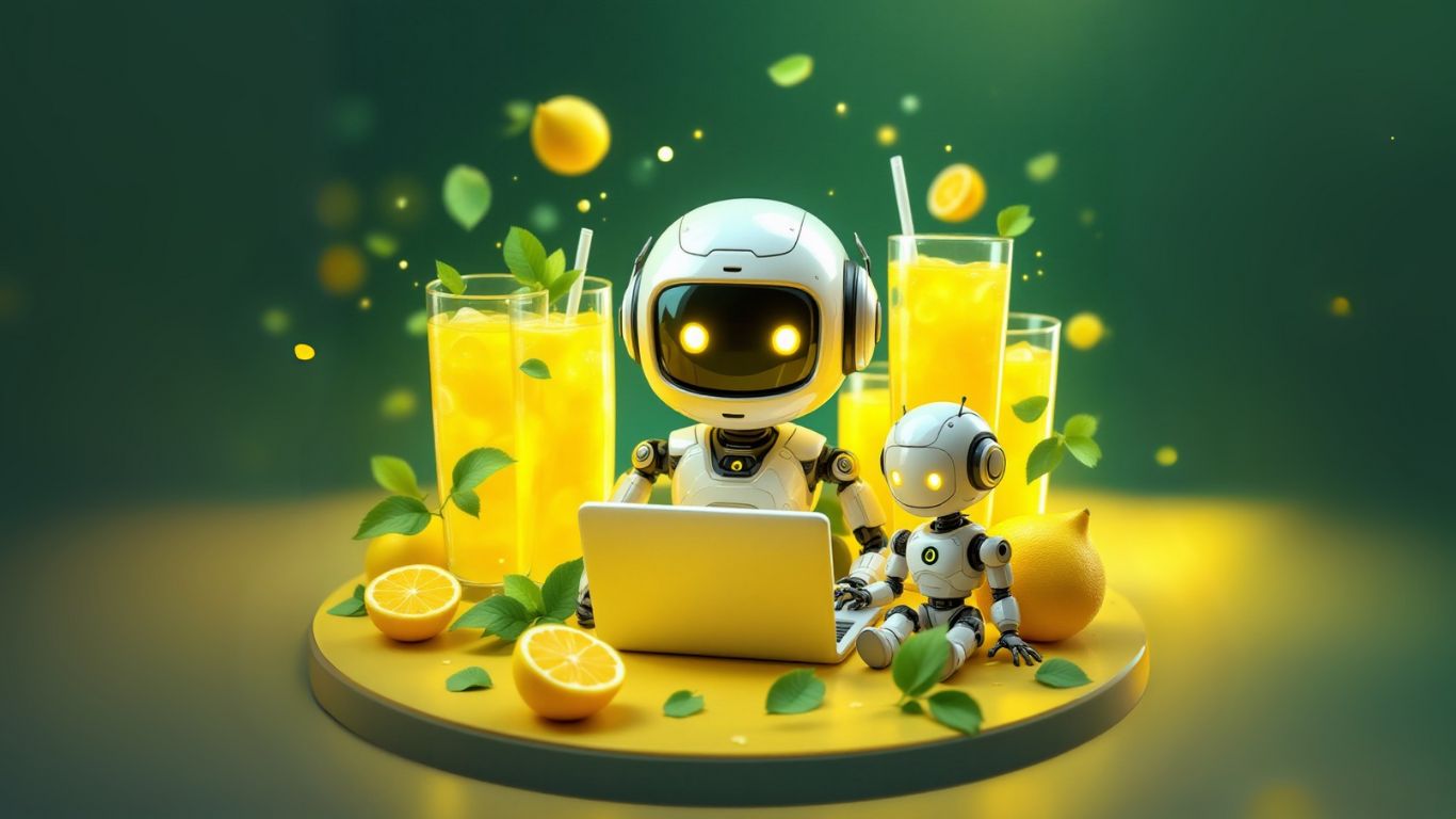 Two cute robots sitting at a table with a laptop, surrounded by lemons and glasses of lemonade representing creative and refreshing AI assistant ideas
