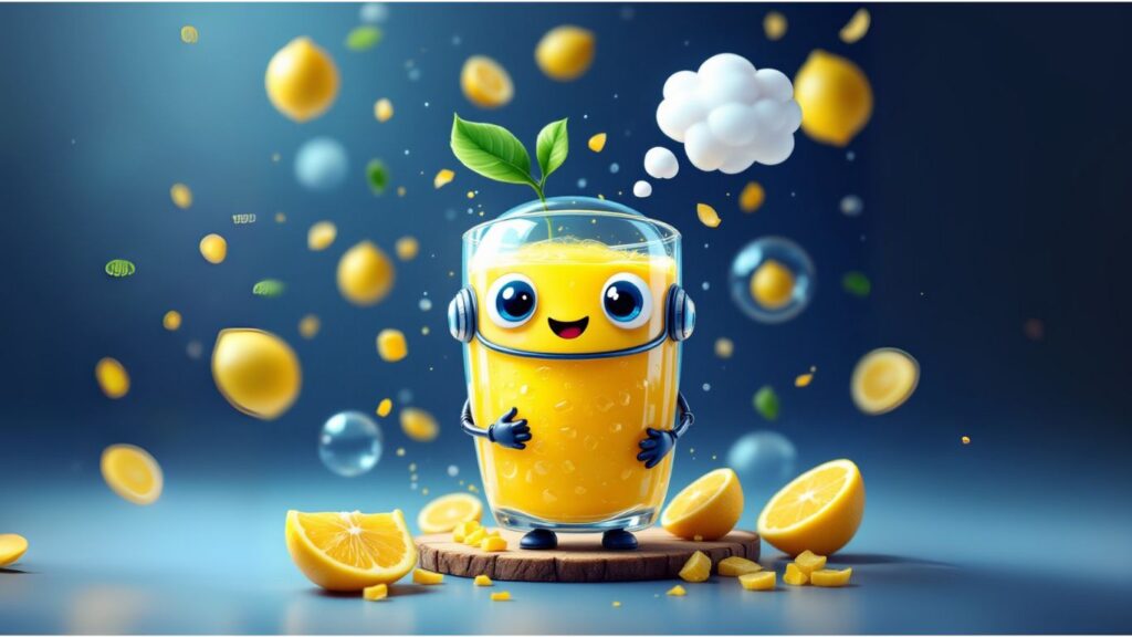 Cute robot juice glass with lemons, representing AI terms for beginners in a fun way