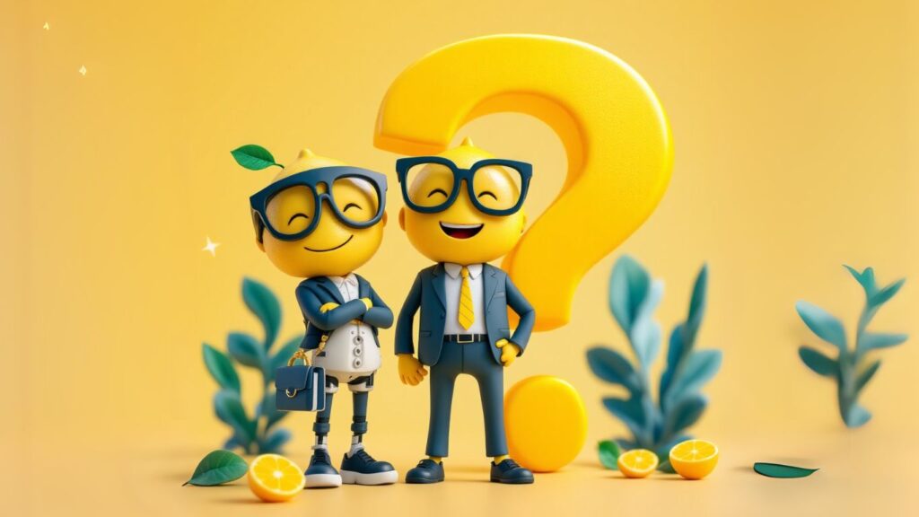 Two lemon characters representing AI myths, standing in front of a question mark
