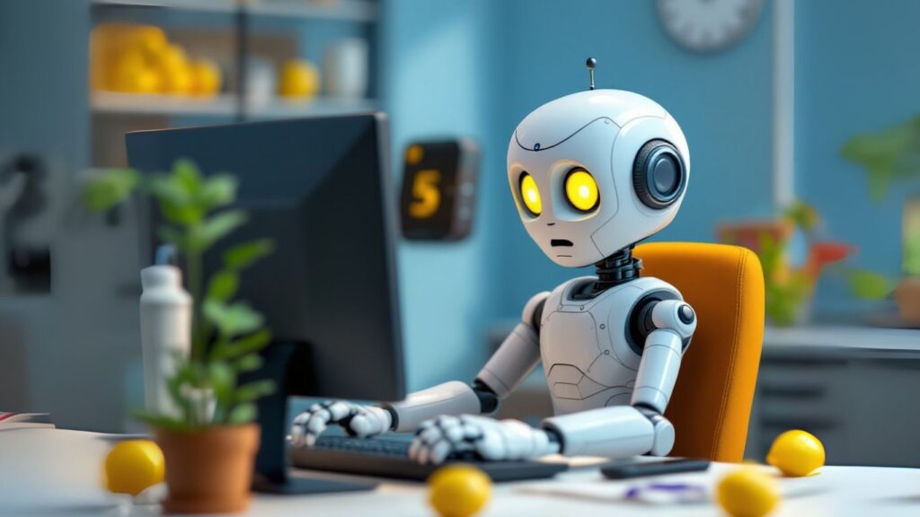 Robot at desk looking confused at computer screen, symbolising common pitfalls in technology or automation in a modern office setting